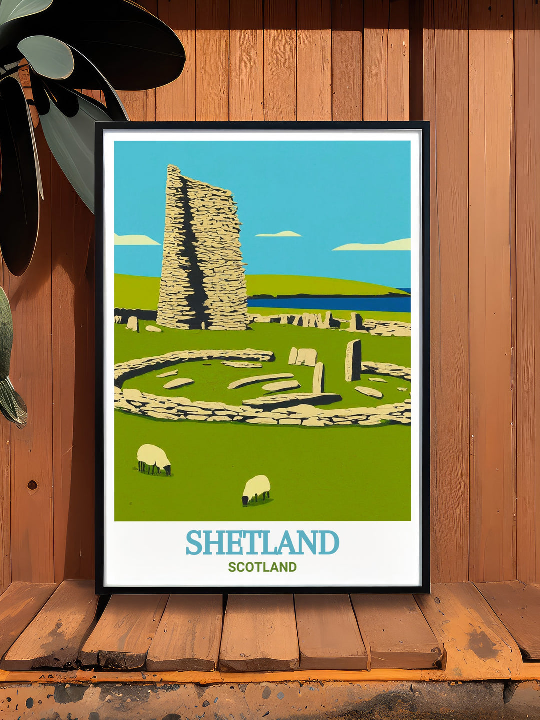 Vintage Poster of Shetlands Jarlshof Settlement, highlighting the ancient ruins and rugged beauty of Scotlands Shetland Islands. The poster is perfect for adding a touch of history and natural beauty to any space, making it an ideal addition to a collection of vintage travel art or Scottish decor.