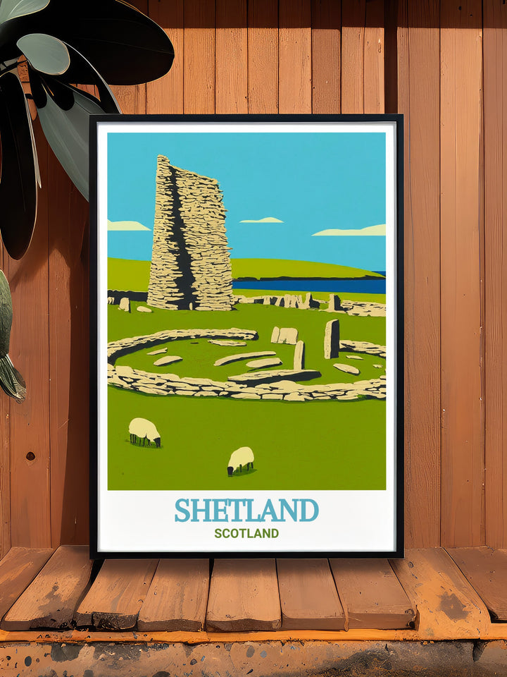 Vintage Poster of Shetlands Jarlshof Settlement, highlighting the ancient ruins and rugged beauty of Scotlands Shetland Islands. The poster is perfect for adding a touch of history and natural beauty to any space, making it an ideal addition to a collection of vintage travel art or Scottish decor.