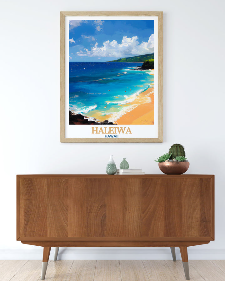 Featuring Waimea Bay and the Haleiwa skyline this Hawaii travel poster print is a beautiful addition to any home decor The detailed city map and colorful design make it a perfect gift for anyone who loves Hawaiian art and tropical themes