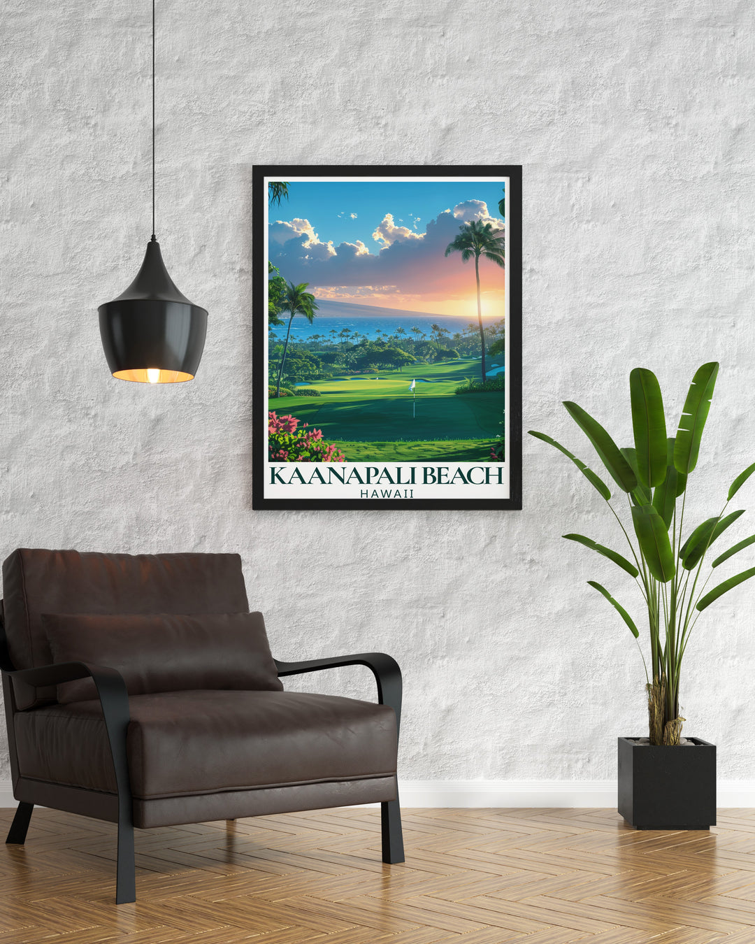 Kaanapali Beach canvas print beautifully depicting the iconic Maui coastline and nearby golf courses. Perfect for beach house décor, this Hawaii wall art combines relaxation and recreation, showcasing the tranquil and luxurious atmosphere of Kaanapali Beach.