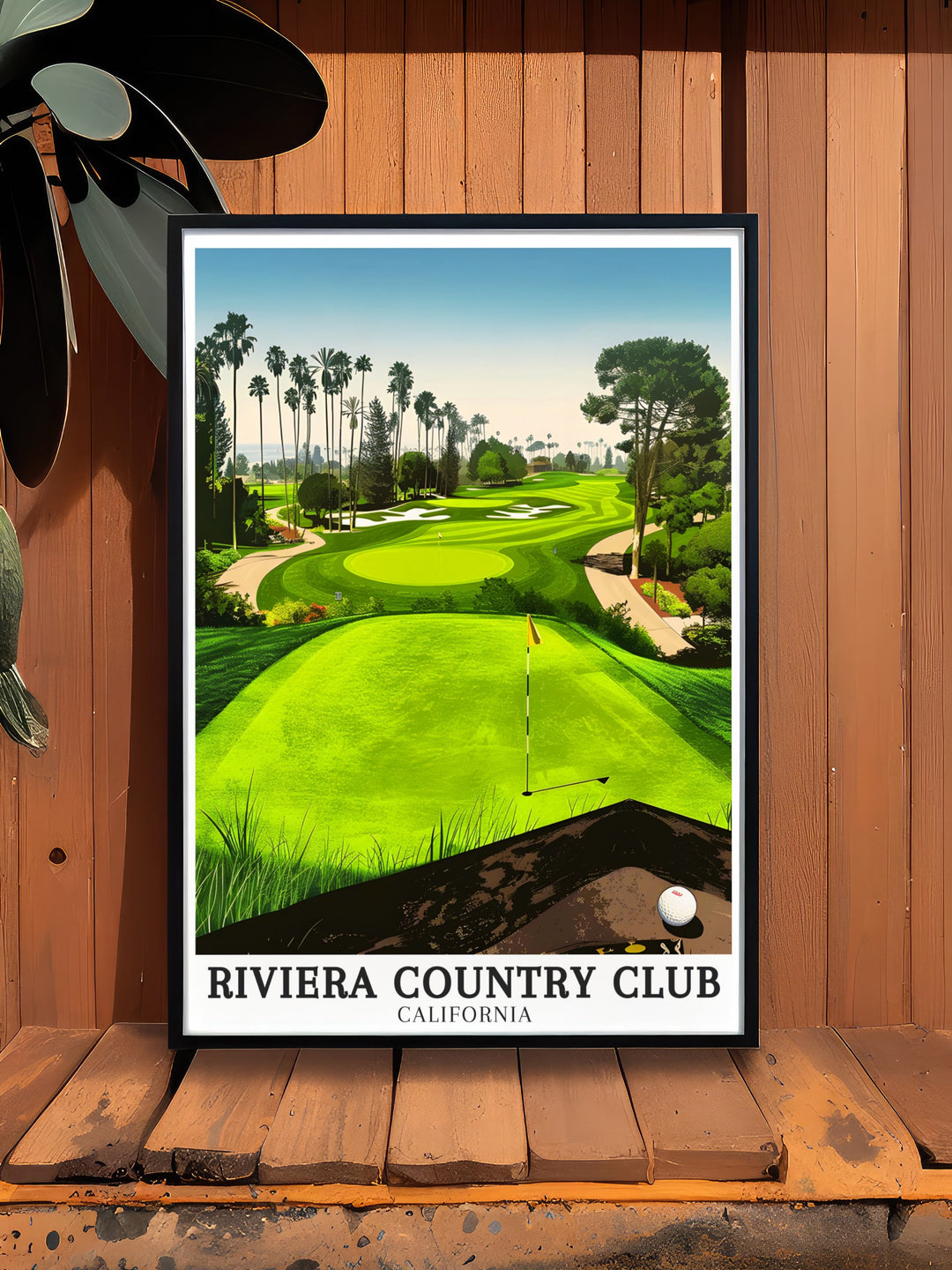 This beautiful travel print showcases the iconic Riviera Country Clubs 1st tee, with a stunning view of Pacific Palisades in the background. The poster captures the rich history and scenic beauty of one of golfs most celebrated courses, making it a perfect gift for golf lovers and art collectors alike.