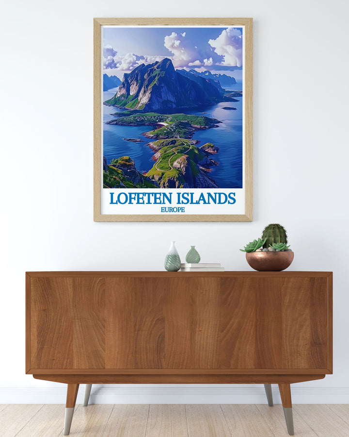 Canvas art print of the Lofoten Islands, Norway, highlighting the awe inspiring views from Reinebringen. The artwork features the dramatic mountain scenery, the clear fjord waters, and the charming village, offering a beautiful blend of natural beauty and traditional Norwegian architecture.