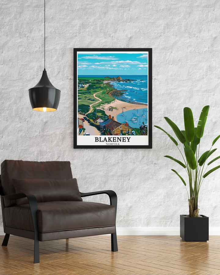 Blakeney Travel Poster features the scenic beauty of the Norfolk Coast, focusing on Blakeney Harbour and Blakeney Point. This poster is ideal for those who love coastal landscapes and want to bring a touch of nature into their space.