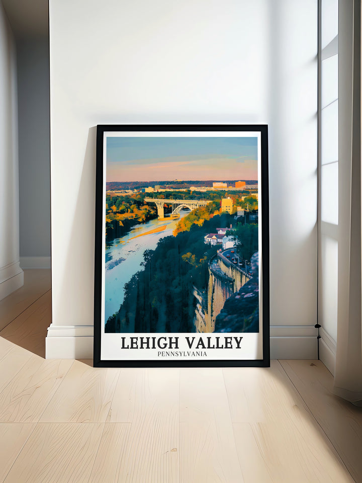 A travel poster of Lehigh Valley showcasing the peaceful and scenic landscapes that stretch across Pennsylvania. This print is ideal for home decor or as a gift for anyone who appreciates the regions natural beauty and cultural heritage.