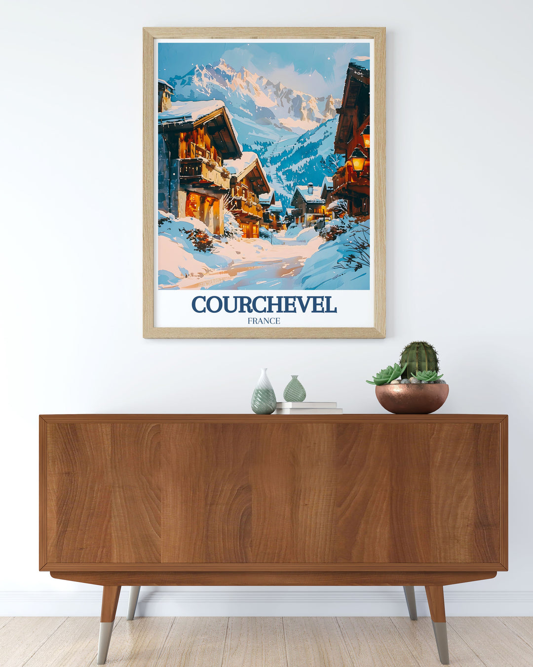 The captivating blend of adventure in Courchevel 1850 and the scenic beauty of the French Alps is beautifully illustrated in this poster, making it a stunning addition to any wall art collection celebrating skiing.