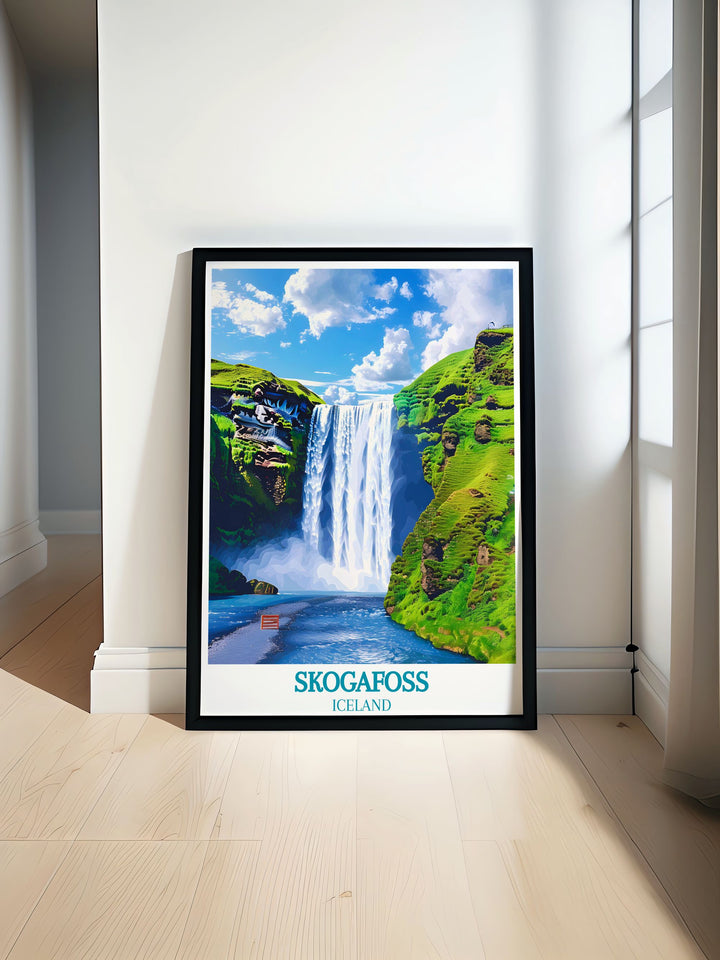 Discover the captivating beauty of Skogafoss with this travel poster, showcasing the majestic waterfall and the vibrant rainbow that often appears in its mist.