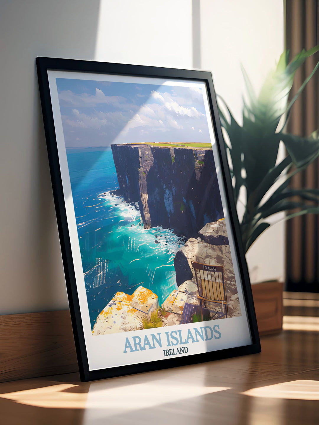 Elegant home decor with Aran Islands artwork highlighting the breathtaking Inishmaan Cliffs available in various sizes and frames