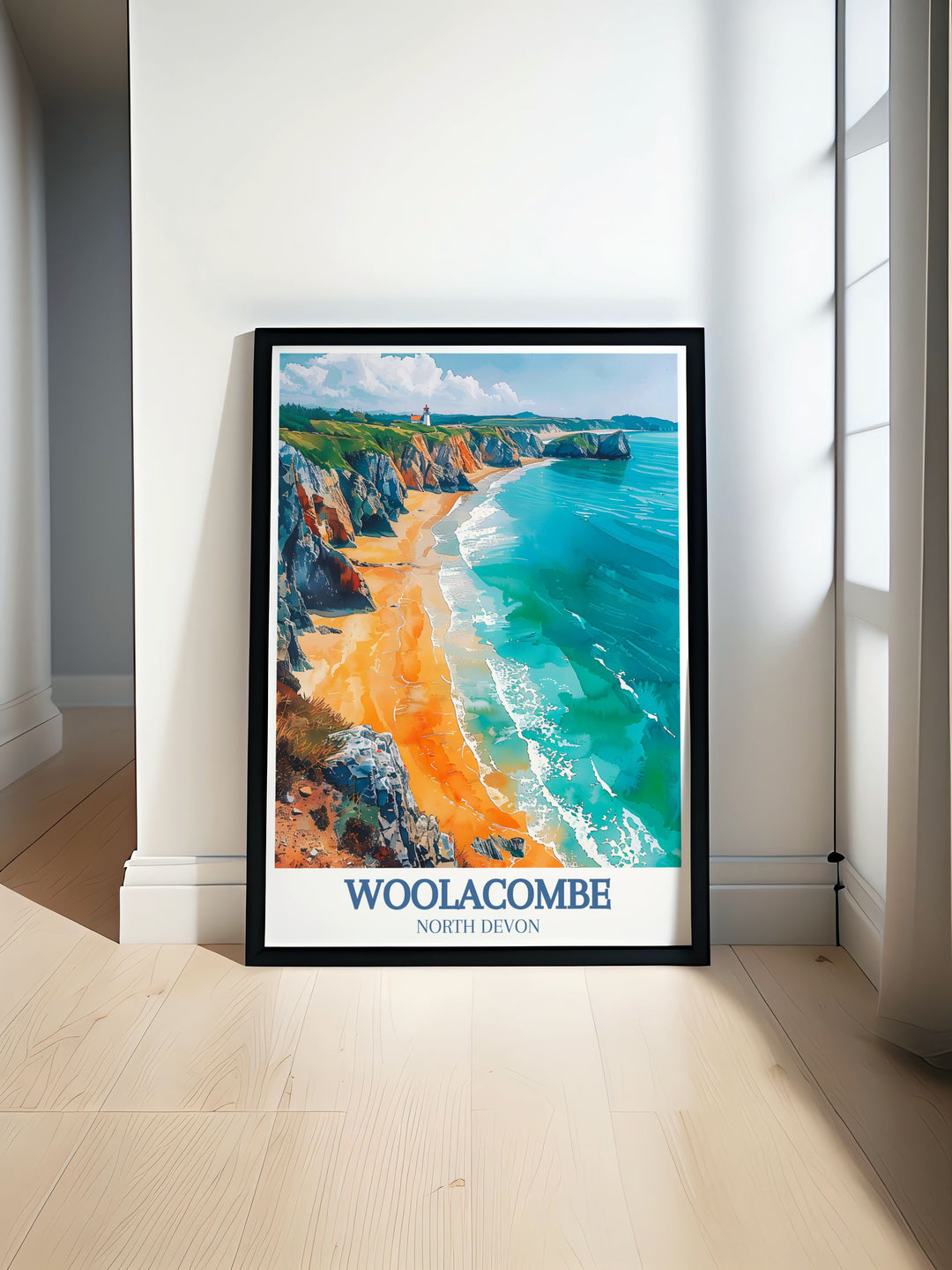 Stunning Woolacombe Beach Bullpoint Lighthouse art print featuring the serene beauty of Devon perfect for modern home decor and living room decoration ideal gift for anyone who loves coastal landscapes and the peaceful ambiance of Woolacombe