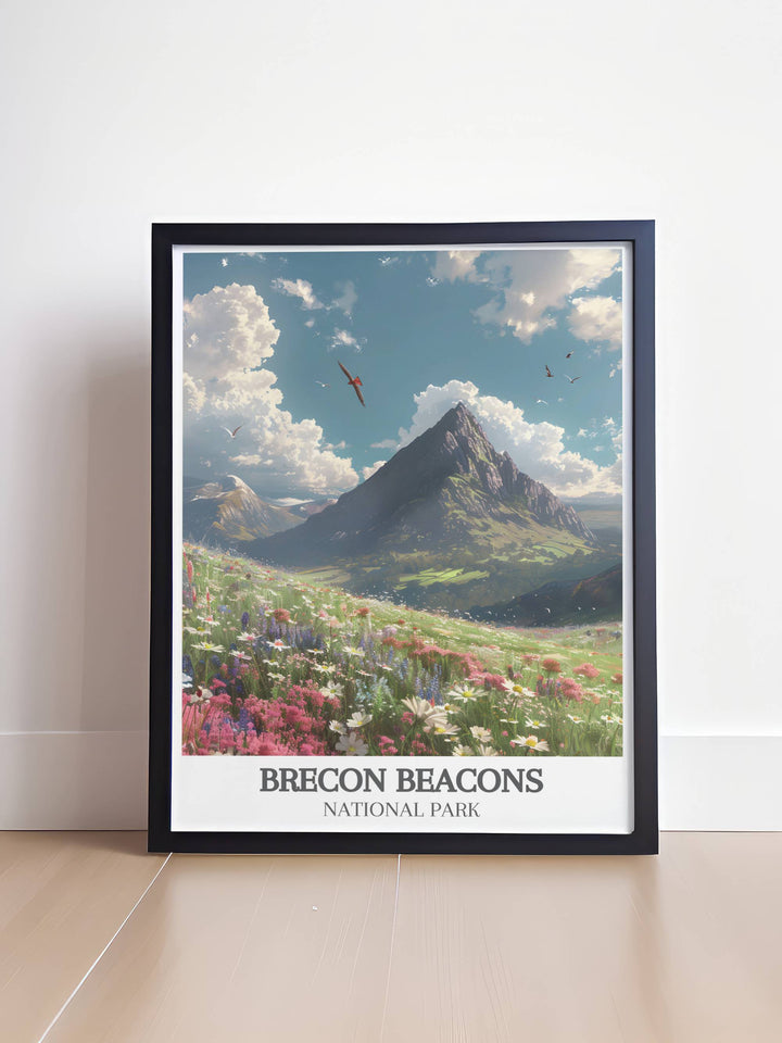 Vintage Travel Print of Brecon Beacons Wales featuring the breathtaking Pen y Fan. This retro travel poster blends nostalgic charm with modern quality offering a timeless piece of wall decor that inspires and captivates.