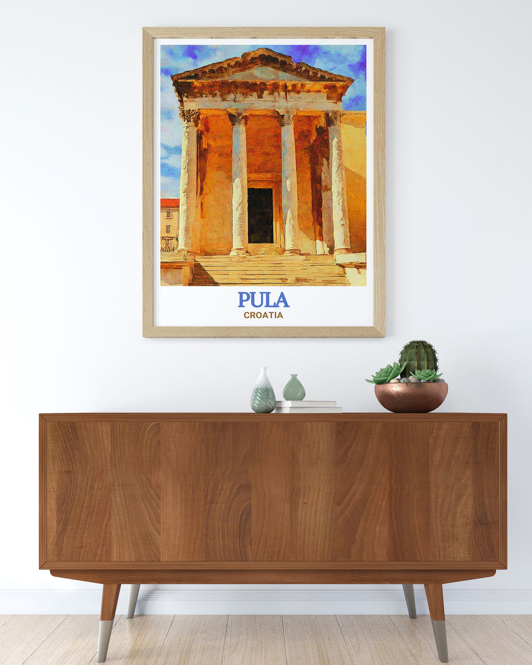 Bring the history of Pula into your home with this travel print featuring the Temple of Augustus. The artwork captures the temples architectural splendor and rich history, making it a meaningful addition to your decor.