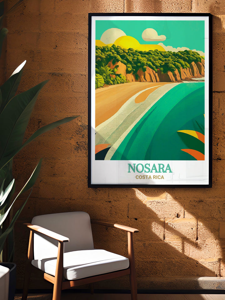 Costa Ricas Playa Guiones is a paradise for beach lovers and surfers alike. This print showcases the beachs expansive shoreline and vibrant surf culture, offering a glimpse into the laid back lifestyle of Nosara. Perfect for anyone who loves the ocean, this artwork adds a touch of tropical elegance to your space.