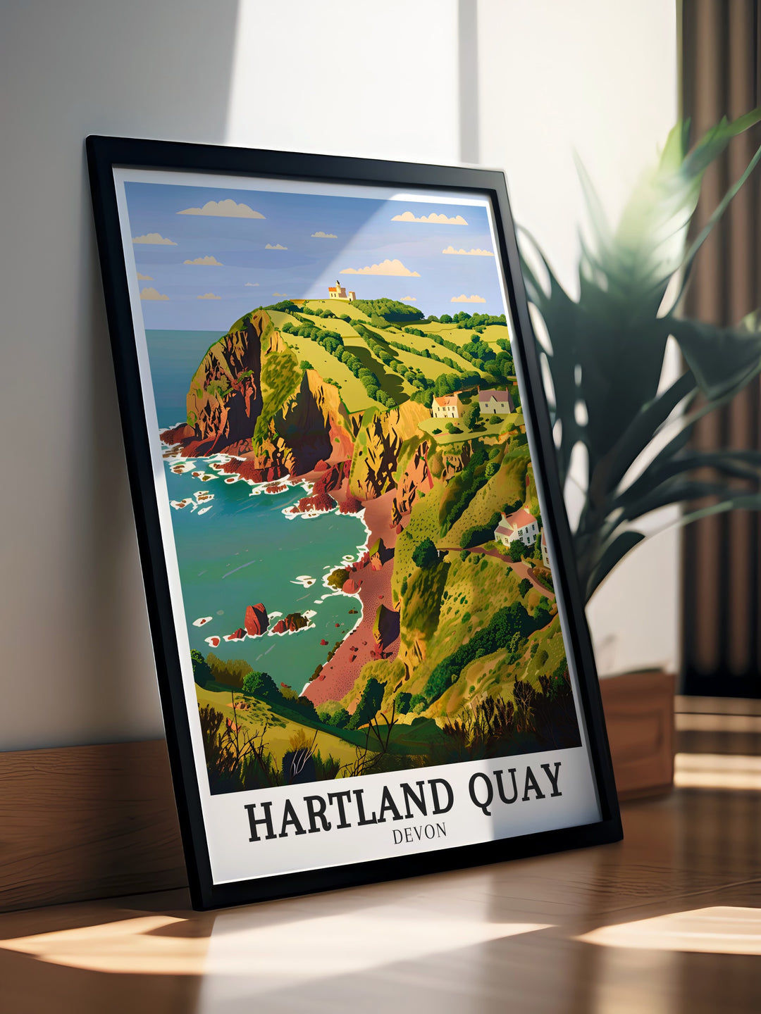 North Devon travel poster offering a detailed view of the tranquil coastline and rolling hills of the English countryside. This wall print is perfect for creating a peaceful and relaxing environment, bringing the beauty of North Devon into your home décor.