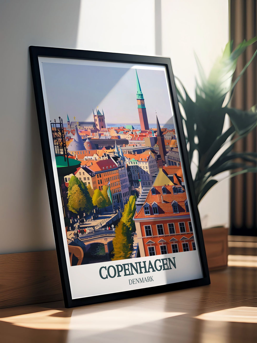 Elevate your living space with this beautiful Copenhagen poster showcasing The Round Tower view, Copenhagen city hall. The artwork captures the citys historic and architectural beauty, making it an ideal addition to any room.