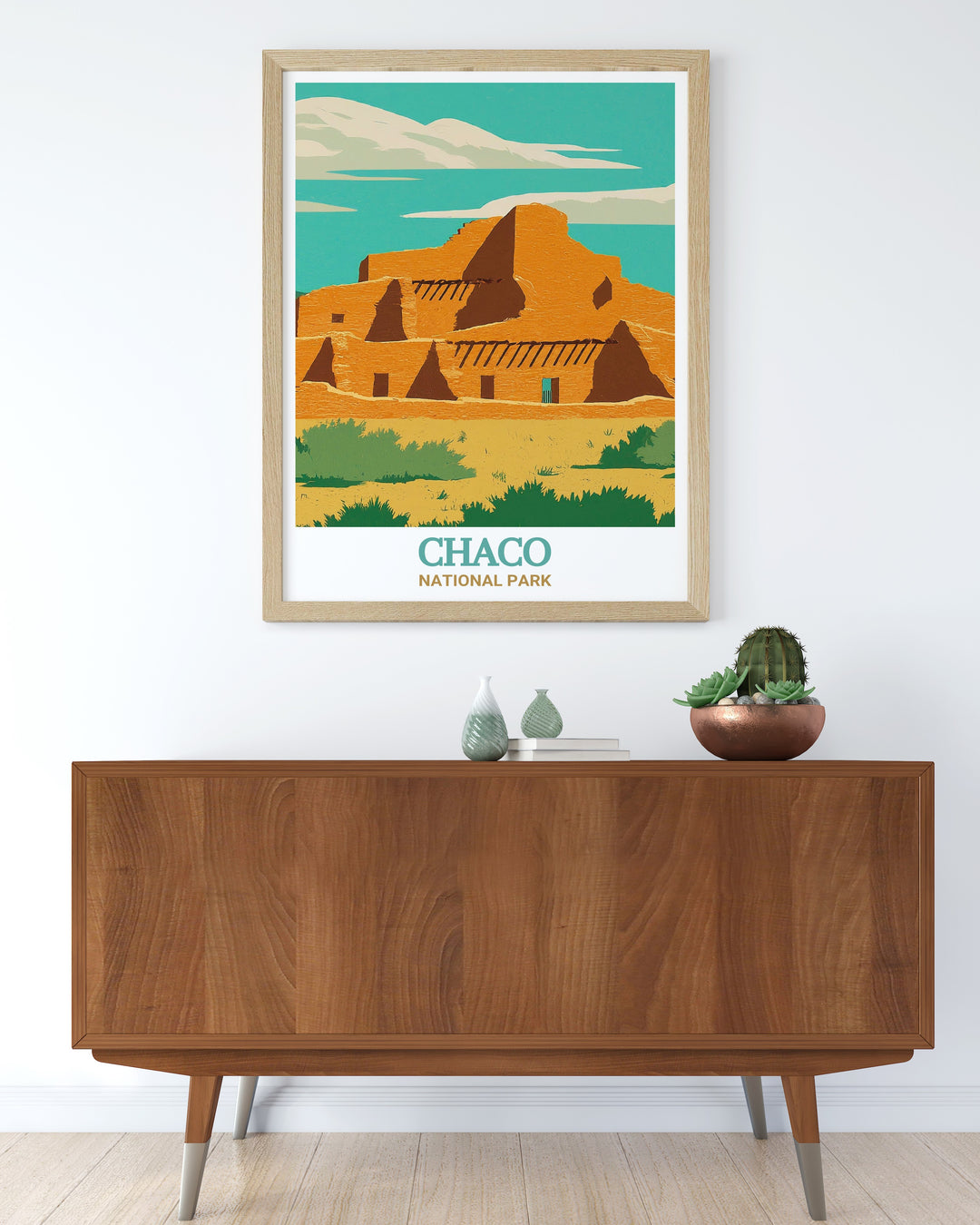 Decorative poster of Pueblo Bonito, Chaco National Park, Argentina, showcasing the rich history and scenic views of this ancient site. Perfect for enhancing your space with a piece of Argentinas cultural heritage.