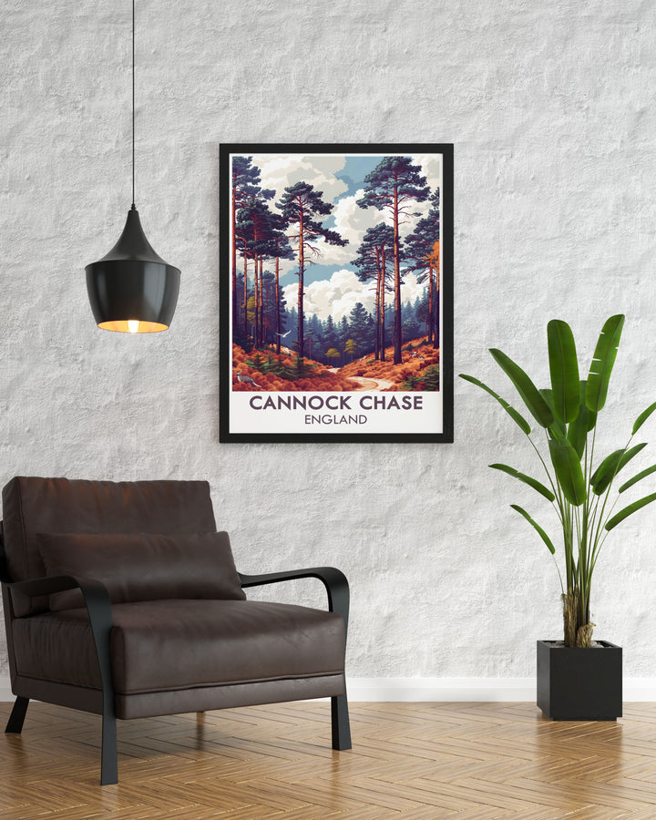 Celebrate the beauty of The Chase with this exquisite Cannock Chase art print. This piece highlights the tranquil paths and lush woodlands of Staffordshire, making it a perfect addition to your English countryside decor collection.