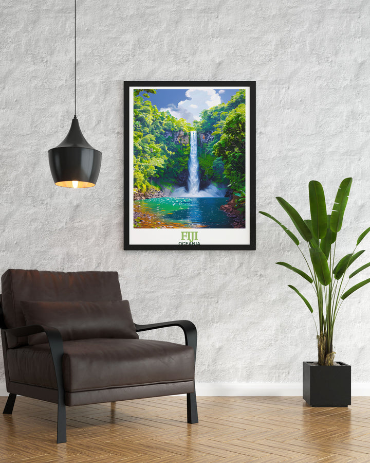 Bouma National Heritage Park vintage print offering a nostalgic look at one of Fijis most treasured natural sites. This Bouma National Heritage Park wall art combines classic charm with modern aesthetics perfect for any decor style.
