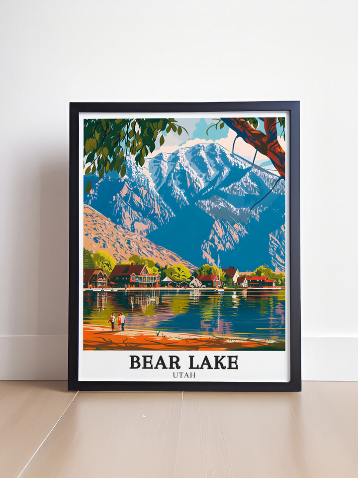 Beautiful Bear Lake travel print highlighting the serene waters of Bear Lake framed by the lush greenery and towering peaks of the Wasatch Mountains, ideal for nature lovers seeking a unique wall decor piece