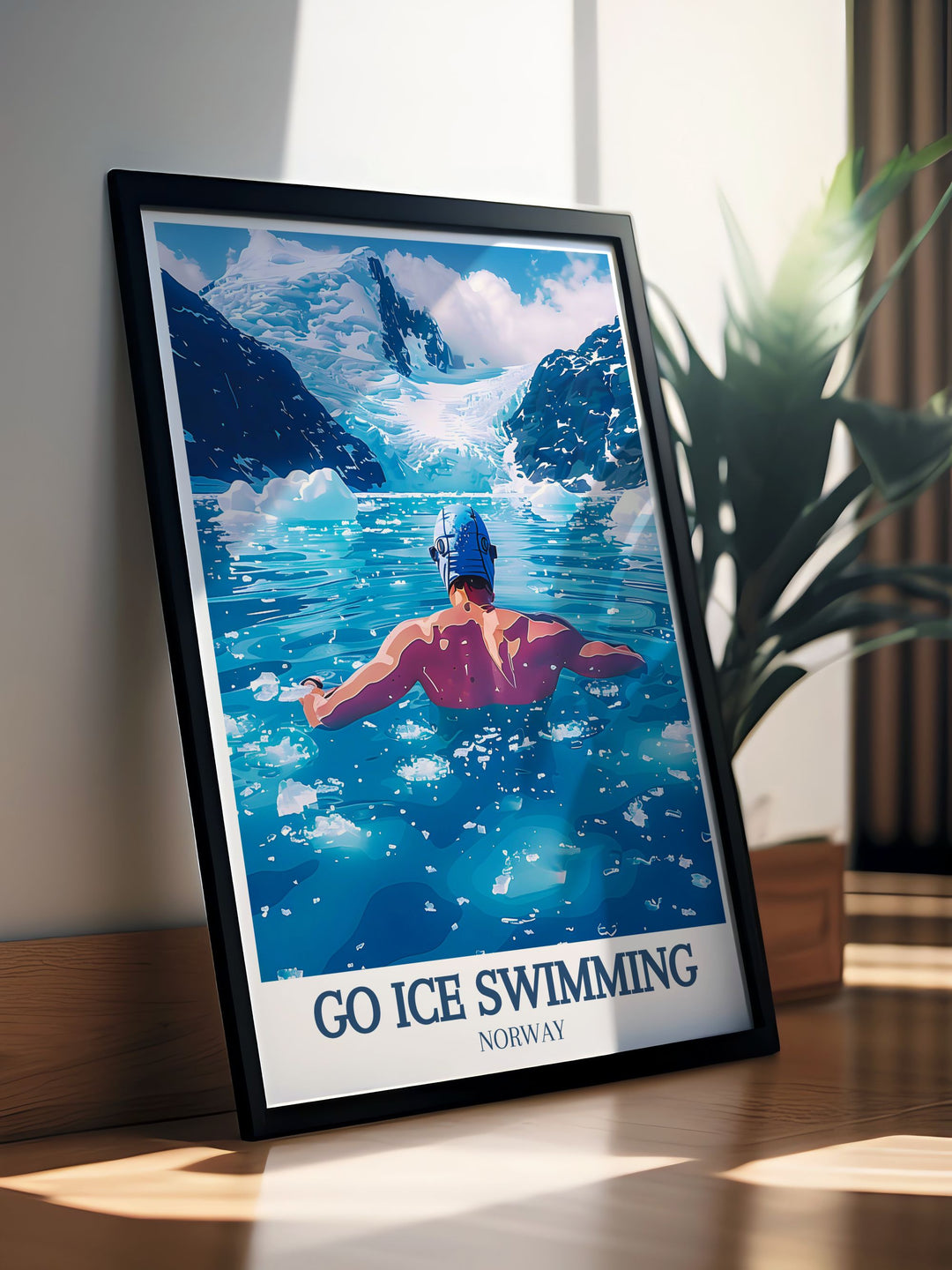 The Go Swimming Poster is a celebration of Norways wild swimming culture, capturing the serene beauty of the Lofoten Islands. Its ideal for anyone who loves the outdoors and cold water swimming adventures.