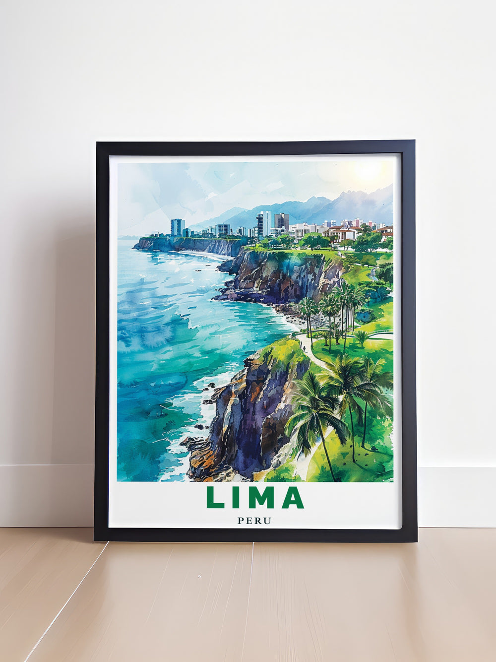 Featuring the dramatic cliffs of Miraflores in Lima, this travel print showcases Perus stunning coastal charm. Ideal for those who love cityscapes and ocean views, this art piece is a must have for any travel inspired wall art collection.