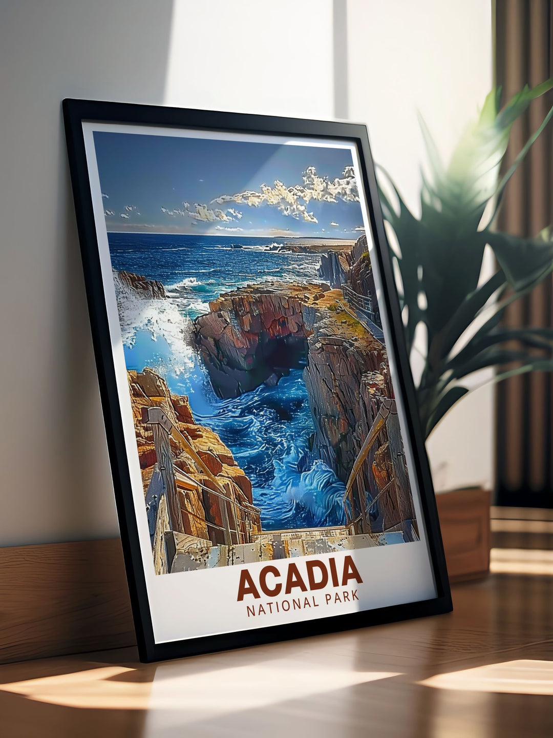 Beautiful Acadia National Park print featuring Thunder Hole and its dramatic waves. This retro travel inspired artwork makes a perfect addition to any wall and a thoughtful gift for anyone who appreciates the beauty of national parks.