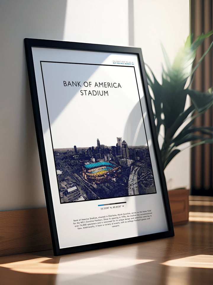 Stylish Carolina Panthers poster capturing the iconic Bank of America Stadium in a modern art style perfect for sports office art or as a unique gift for him her boyfriend dad or husband.