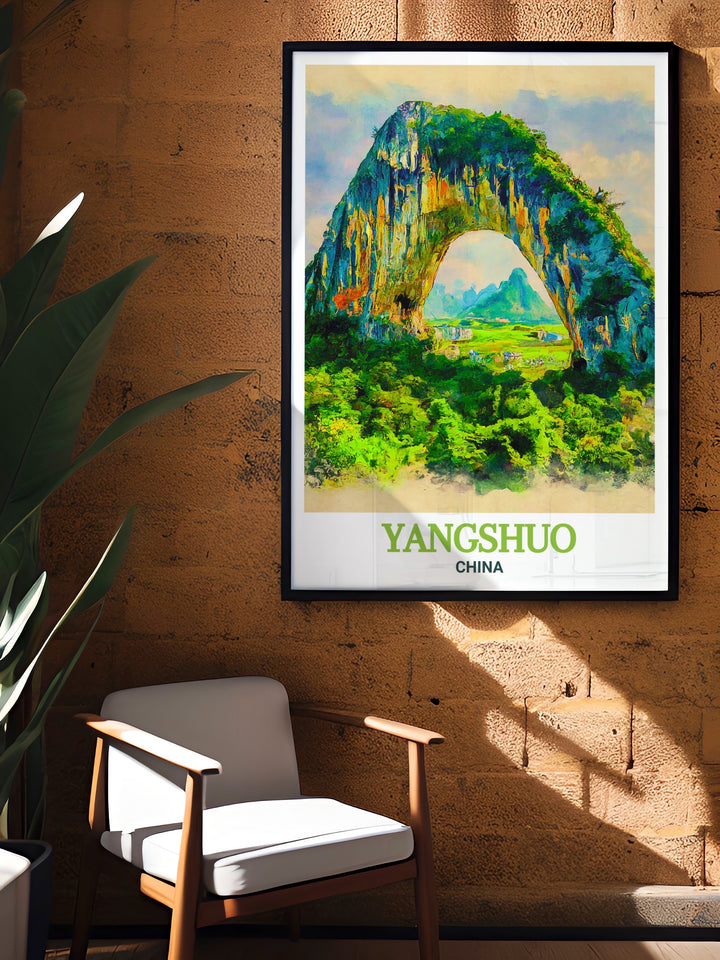 A captivating poster print of Yangshuos Moon Hill, highlighting its natural limestone arch and lush surroundings. This travel print offers a scenic glimpse into the beauty of one of Chinas most iconic landmarks, perfect for adding a touch of adventure to your home decor.