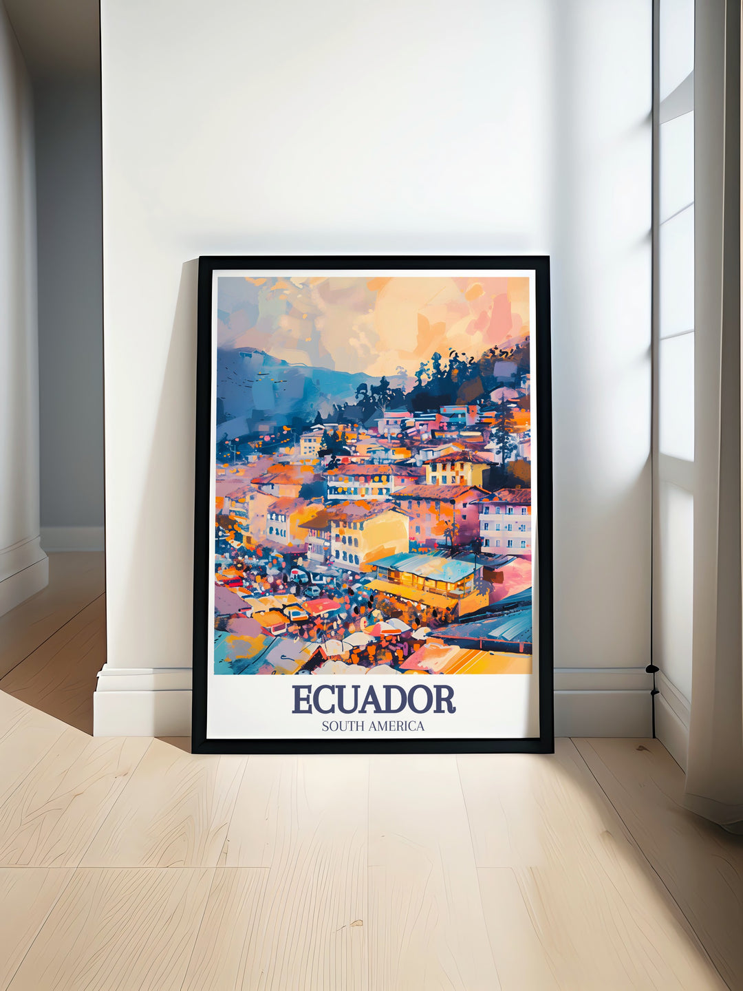 Brighten your home with this colorful Otavalo Market Travel Poster and a stunning representation of Quitos historical cityscape. This vibrant artwork is ideal for those seeking to bring a touch of Ecuadors rich culture into their living space or as a unique travel gift.