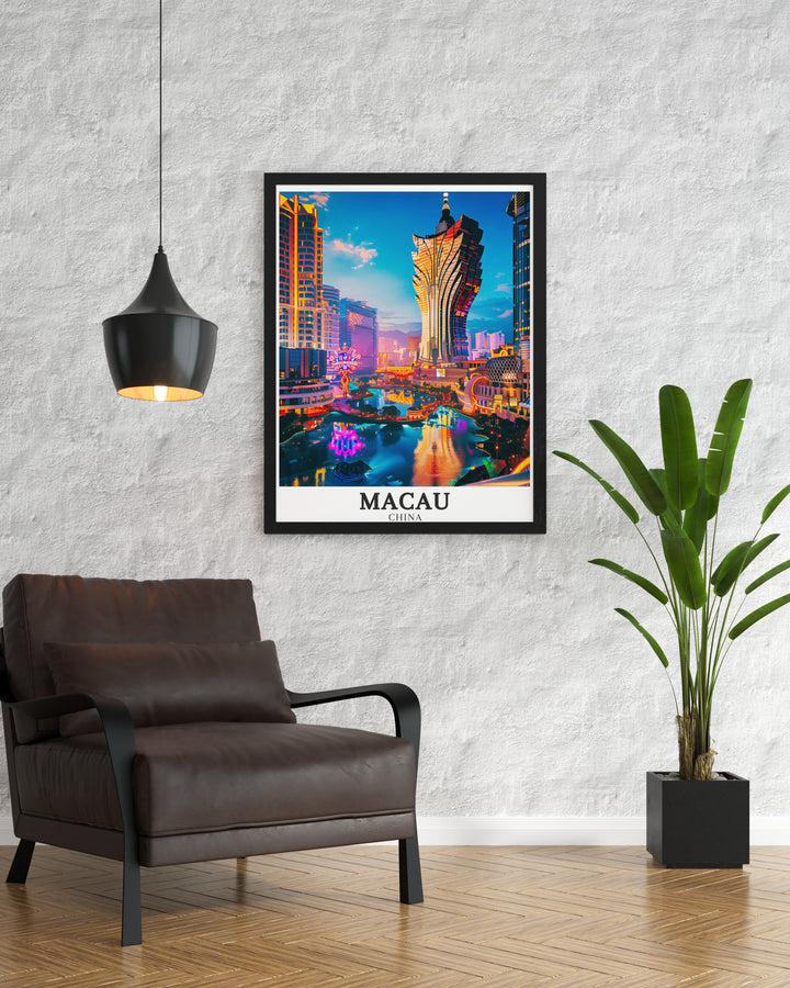 Discover the allure of Macau with this beautiful Macau Artwork featuring the Macau Cotai Strip Casino Grand Lisboa The detailed city map and modern design make it an ideal choice for home decor or as a special gift for friends and family