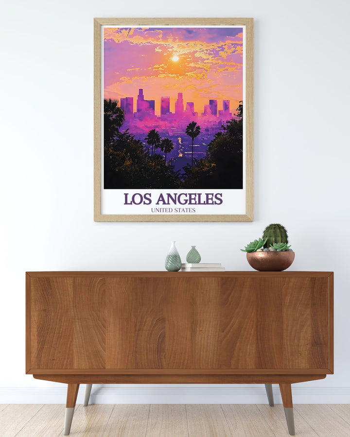 Experience the dynamic beauty of Los Angeles with this Downtown skyline poster a perfect piece of wall art for anyone who loves California and its iconic cityscapes making it an ideal gift for travel lovers and art collectors