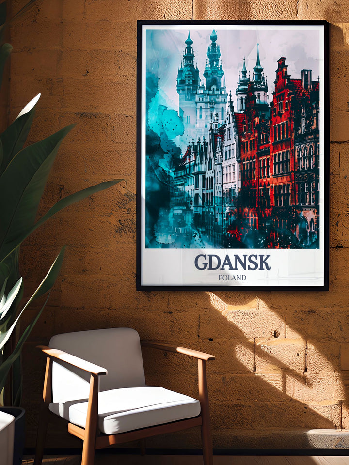 a chair sitting in front of Gdansk Old Town, St. Marys Church Travel Vintage Print in black and white. The elegant design and fine line details make this a stunning addition to your Gdansk art collection, perfect for enhancing your home decor with a touch of historical charm. a picture on a wall