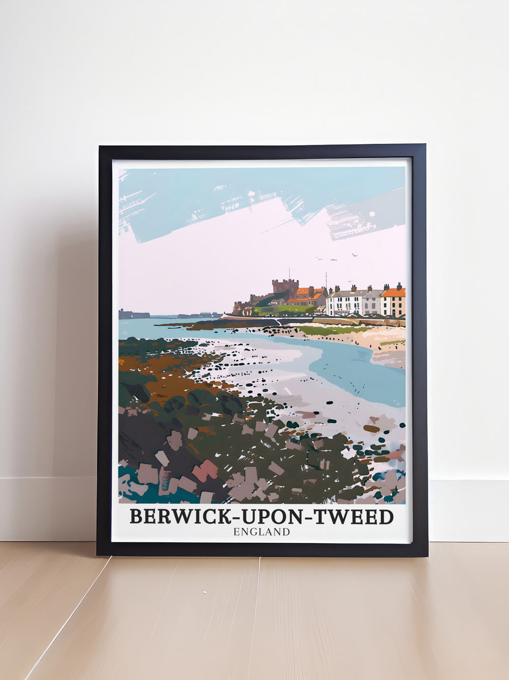 A vibrant wall print of Northumberland featuring the sweeping shores of Cocklawburn Beach and the historic town of Berwick upon Tweed. This travel poster is ideal for those who appreciate the blend of history, nature, and art.