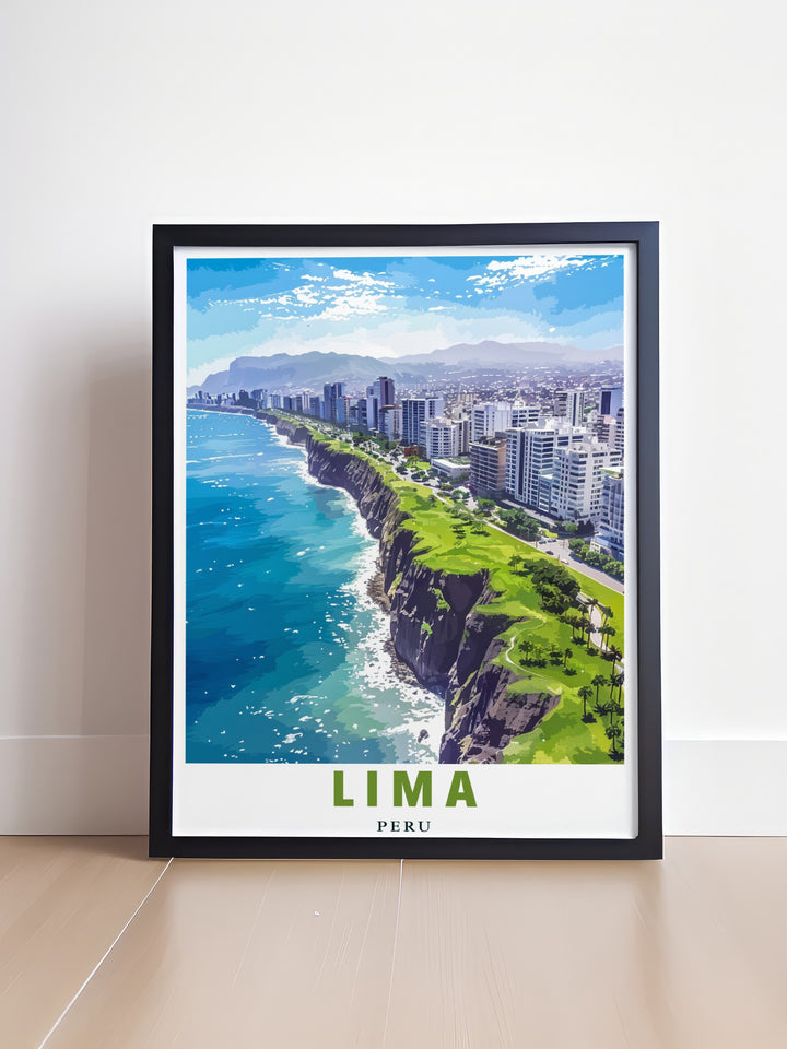 This Miraflores Cliffs travel print from Lima, Peru, brings the coastal views of the Pacific Ocean into your home. The poster is perfect for wall art, adding a colorful and vibrant touch to your living space. Ideal for art lovers and travelers alike.