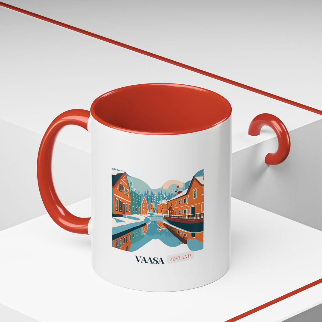 Celebrate the spirit of Vaasa with this mug featuring vibrant images of the citys cultural highlights. Dishwasher and microwave safe, made from durable ceramic, it is ideal for coffee and tea lovers seeking a unique and artistic mug that captures Vaasas essence.