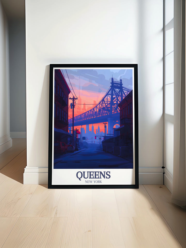 Queensboro Bridge East River travel poster print highlighting the iconic New York City landmark with a vibrant city color palette perfect for modern home decor and elegant living room wall art adding sophistication to any space