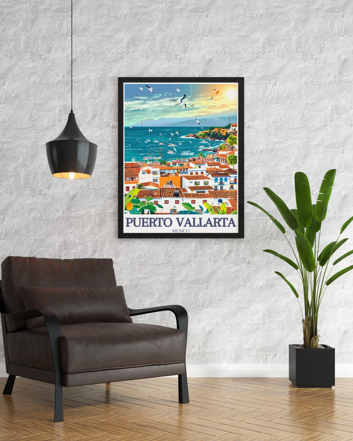 Celebrate your love for Puerto Vallarta with this modern matted art print, showcasing the citys beautiful layout, Banderas Bay, and Puerto Vallarta beach. This fine line print makes a great gift for travel lovers and a timeless addition to any room.