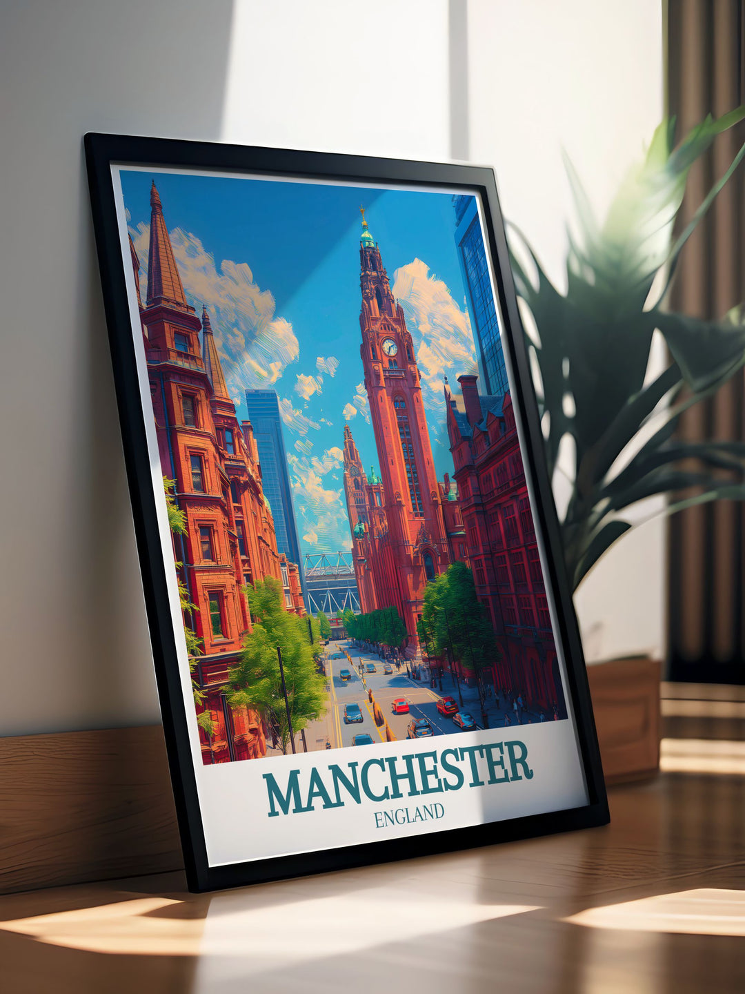 Manchester town hall artwork highlighting the beauty of the citys architectural marvels and offering a timeless reminder of Manchesters rich history and cultural landmarks.