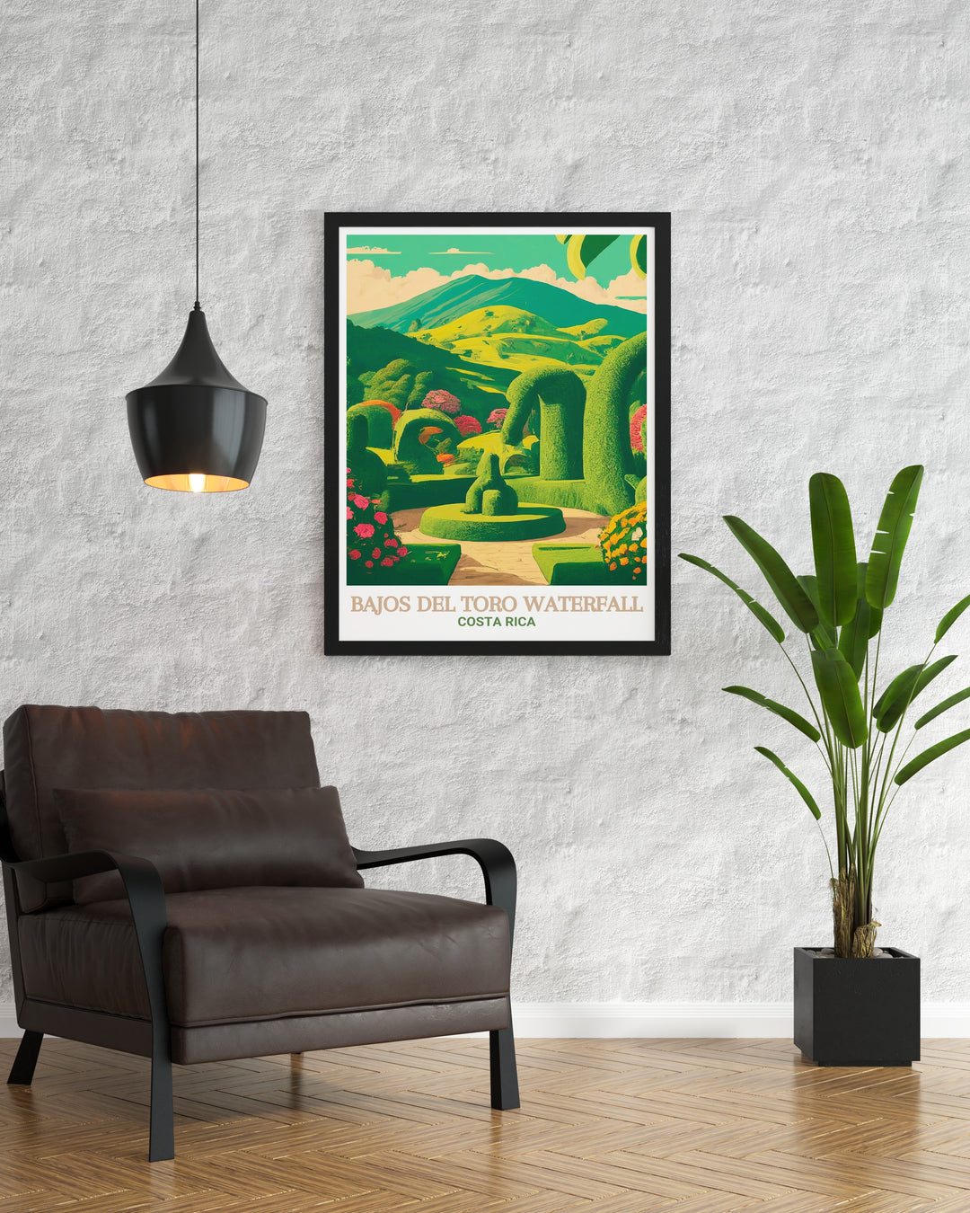 A vibrant art print featuring the breathtaking Bajos del Toro Waterfall in Costa Rica with its powerful cascade surrounded by lush rainforest vegetation. This detailed print brings the beauty of nature into your home, perfect for creating a tranquil and serene atmosphere in any room.