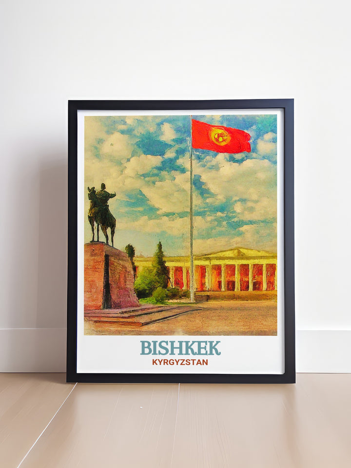 Ala Too Square Vintage Poster brings a nostalgic touch to one of Bishkeks most famous squares. This vintage style artwork captures the spirit of Kyrgyzstans capital, making it an ideal piece for collectors and enthusiasts of cultural history.