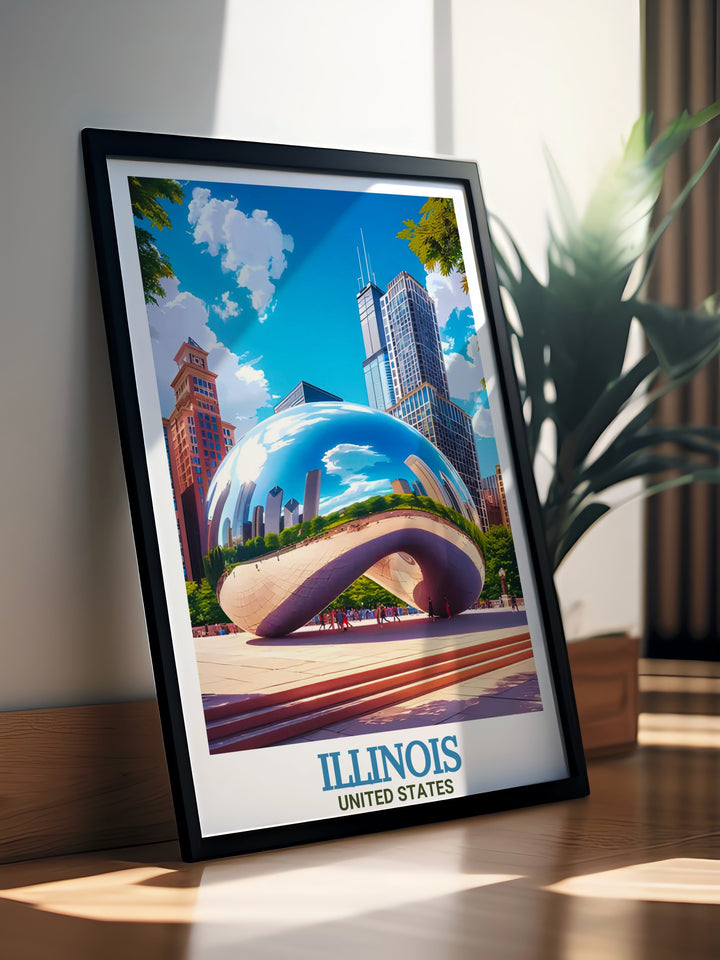 A vibrant Illinois poster print showcasing Chicagos iconic skyline, including Millennium Park and its famous Cloud Gate sculpture. This travel print captures the essence of the citys modern architecture and urban charm, perfect for adding personality to your home decor.