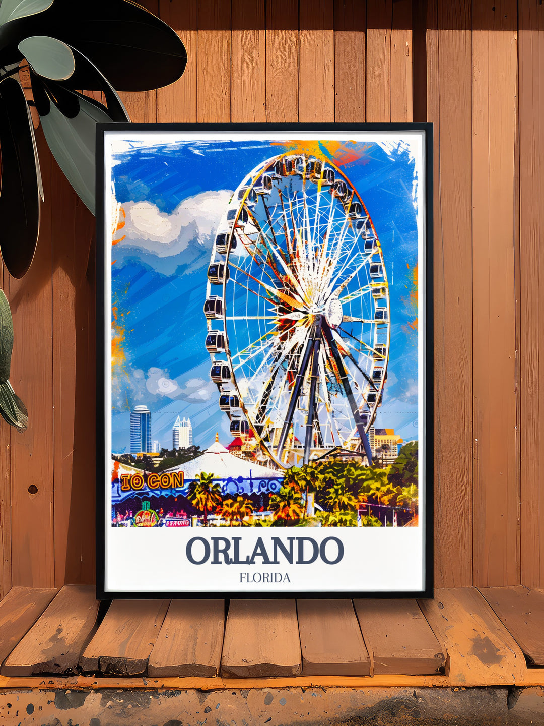 ICON Park vintage poster capturing the fun and excitement of Orlandos famous attractions, from the bustling entertainment hub to the striking Orlando Eye. The artwork offers a nostalgic yet modern take on this Florida favorite, perfect for personalized gifts or home décor inspired by travel.