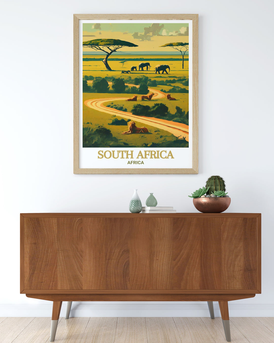 Kruger National Park scenic poster capturing the wild beauty and serene landscapes with iconic wildlife like elephants and lions. This artwork brings the dramatic scenery of this renowned national park into your home, perfect for those who dream of African safaris.