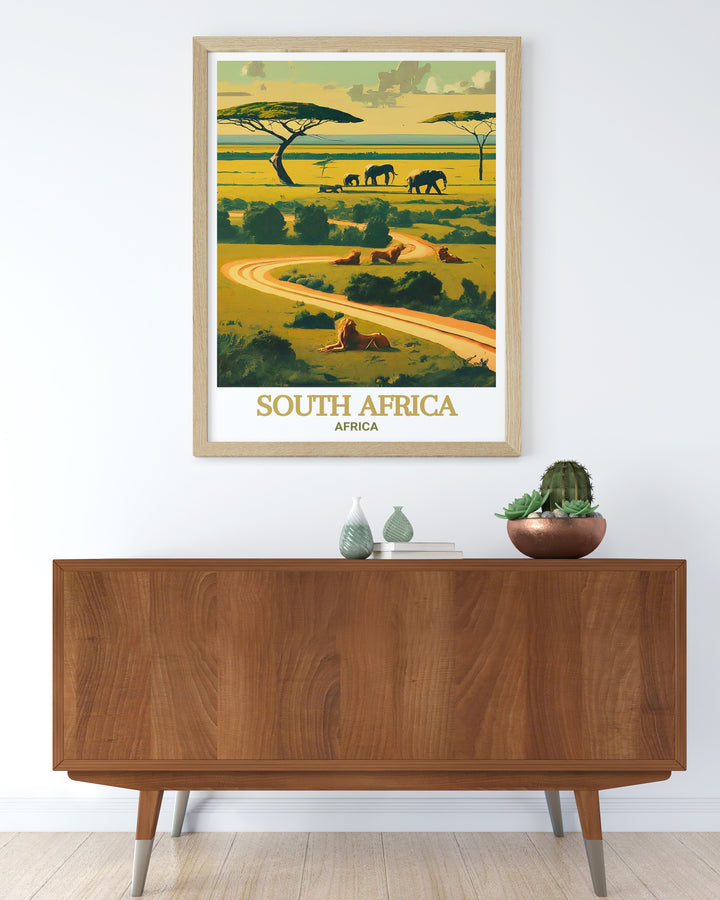 Kruger National Park scenic poster capturing the wild beauty and serene landscapes with iconic wildlife like elephants and lions. This artwork brings the dramatic scenery of this renowned national park into your home, perfect for those who dream of African safaris.