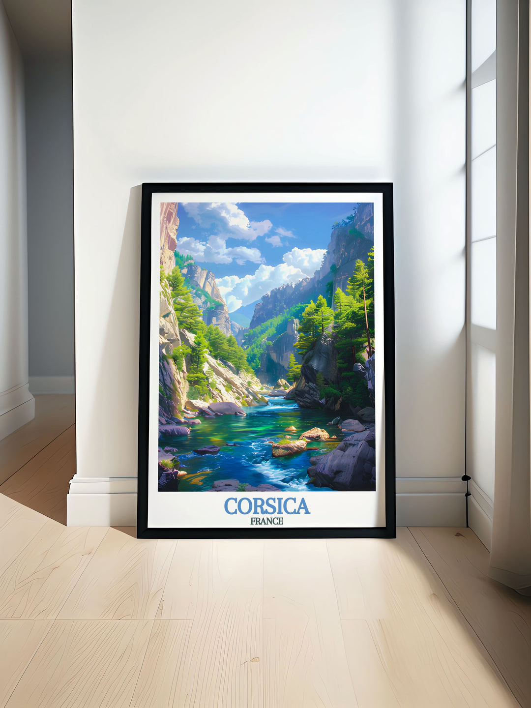 Beautiful Restonica Gorge wall art featuring vibrant illustrations of Corsica France perfect for enhancing your home decor ideal for living spaces and travel enthusiasts who appreciate the natural beauty of this Mediterranean paradise