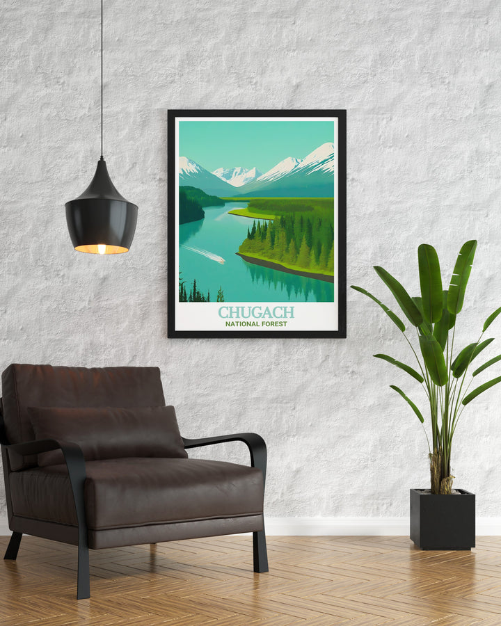 Modern Alaska wall art depicting the tranquil Kenai River perfect for enhancing any living space with elegant home decor and travel art inspired by Alaskas natural wonders