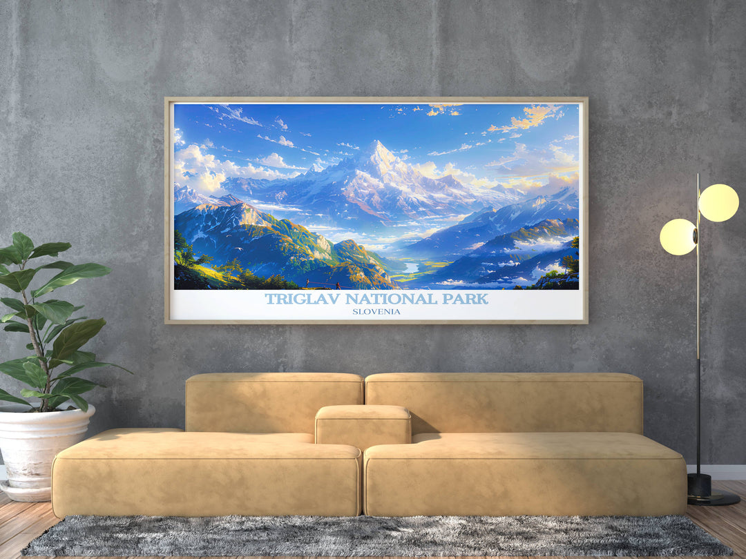 Stunning poster of Triglav National Park, showcasing the breathtaking landscapes of Slovenias Julian Alps, perfect for inspiring your next adventure or adding a touch of nature to your home.