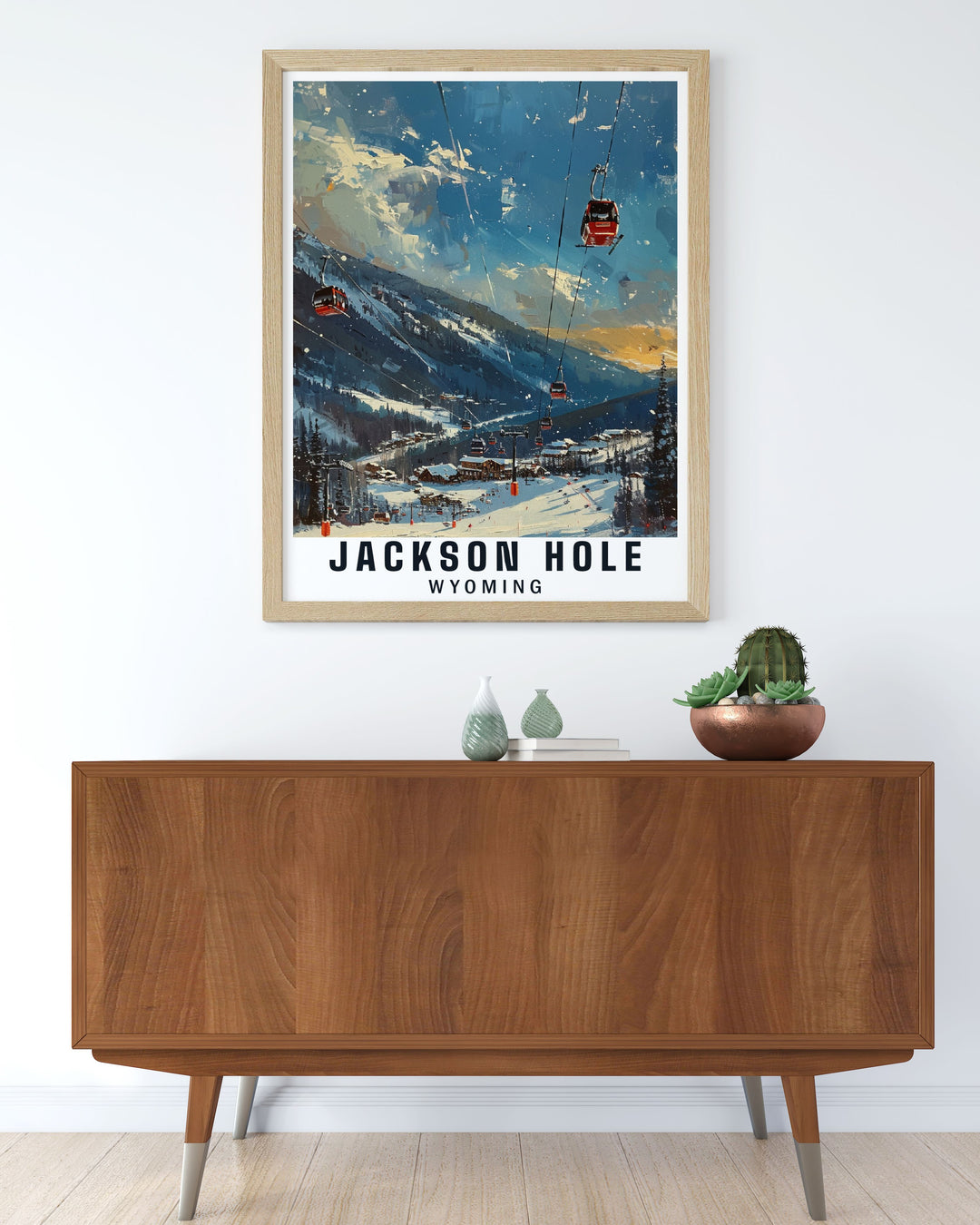 Our Jackson Hole travel print beautifully captures the pristine landscapes of Wyoming. Highlighting the iconic Mountain Resort, this poster brings the exhilaration of skiing and the beauty of the great outdoors into your home or office décor.