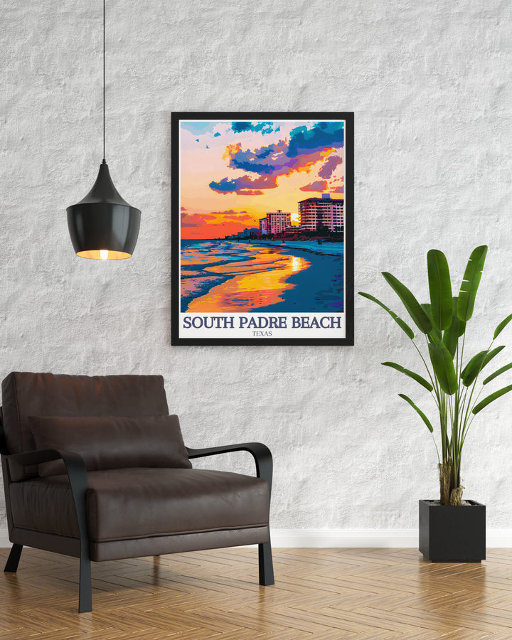 South Padre Beach wall art, showcasing a vibrant illustration of the islands stunning coastline. Perfect for those who love beach getaways, this print adds a tropical atmosphere to any home while reflecting the serene beauty of the Gulf of Mexico.