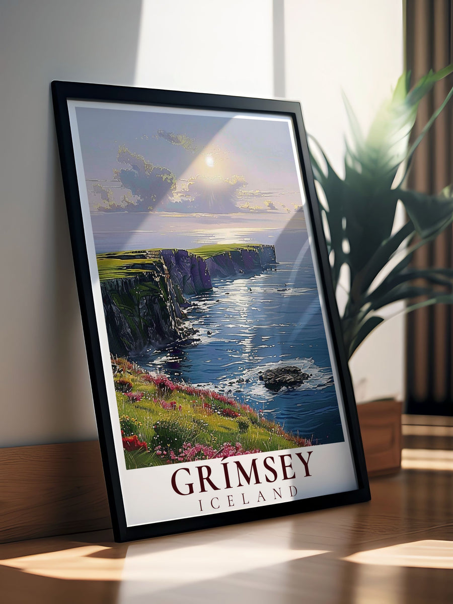 This Grimsey Poster Print captures the stunning Northern Lights over the rugged coastline of Grimsey Island, Iceland. Perfect for adventurers and nature lovers, this travel print brings the beauty of the Arctic Circle into your home decor.
