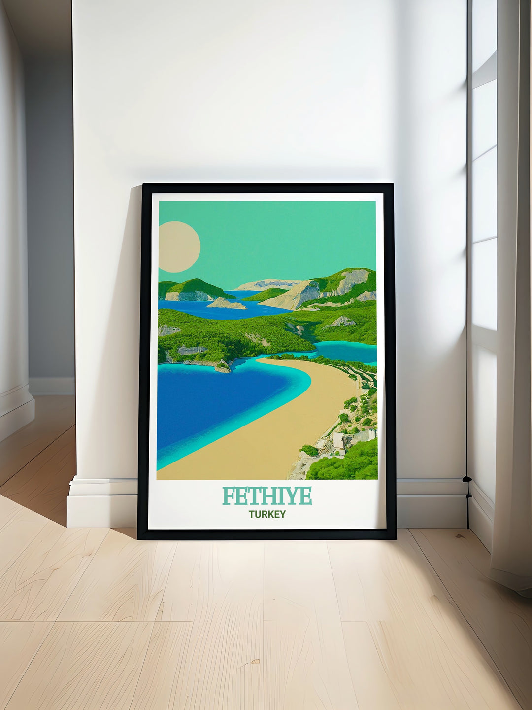 Ölüdeniz Beach fine art poster showcasing crystal clear waters and sandy shores. This elegant Turkey print captures the natural beauty of Fethiyes beach, making it a perfect piece to enhance your home decor with serene and peaceful energy.