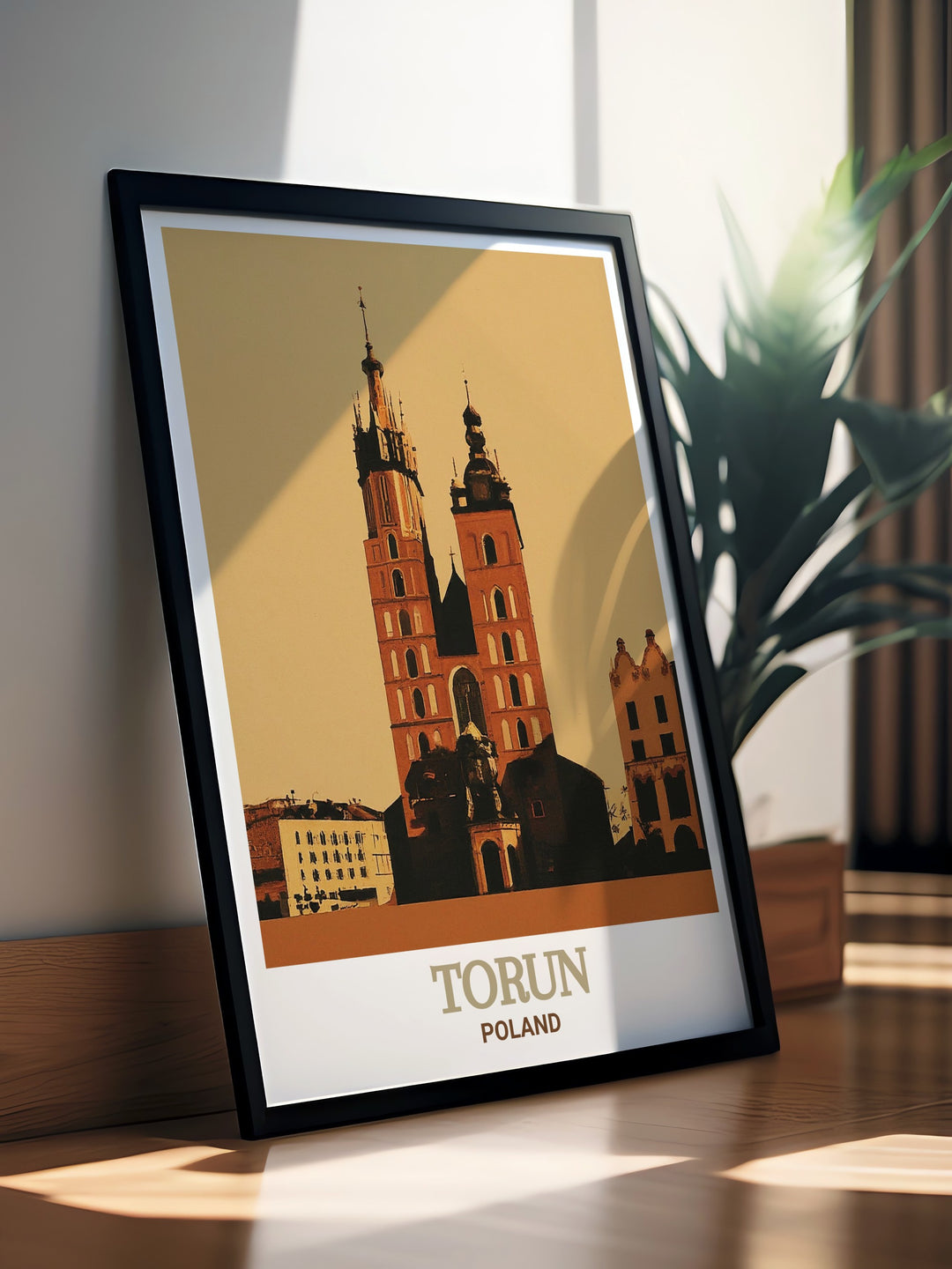 This Poland poster showcases the iconic St. Marys Church in Torun, a UNESCO World Heritage Site known for its impressive Gothic design. The artwork beautifully captures the churchs towering spires and detailed facade, offering a timeless piece that celebrates Polands architectural splendor. A perfect addition to any home decor.